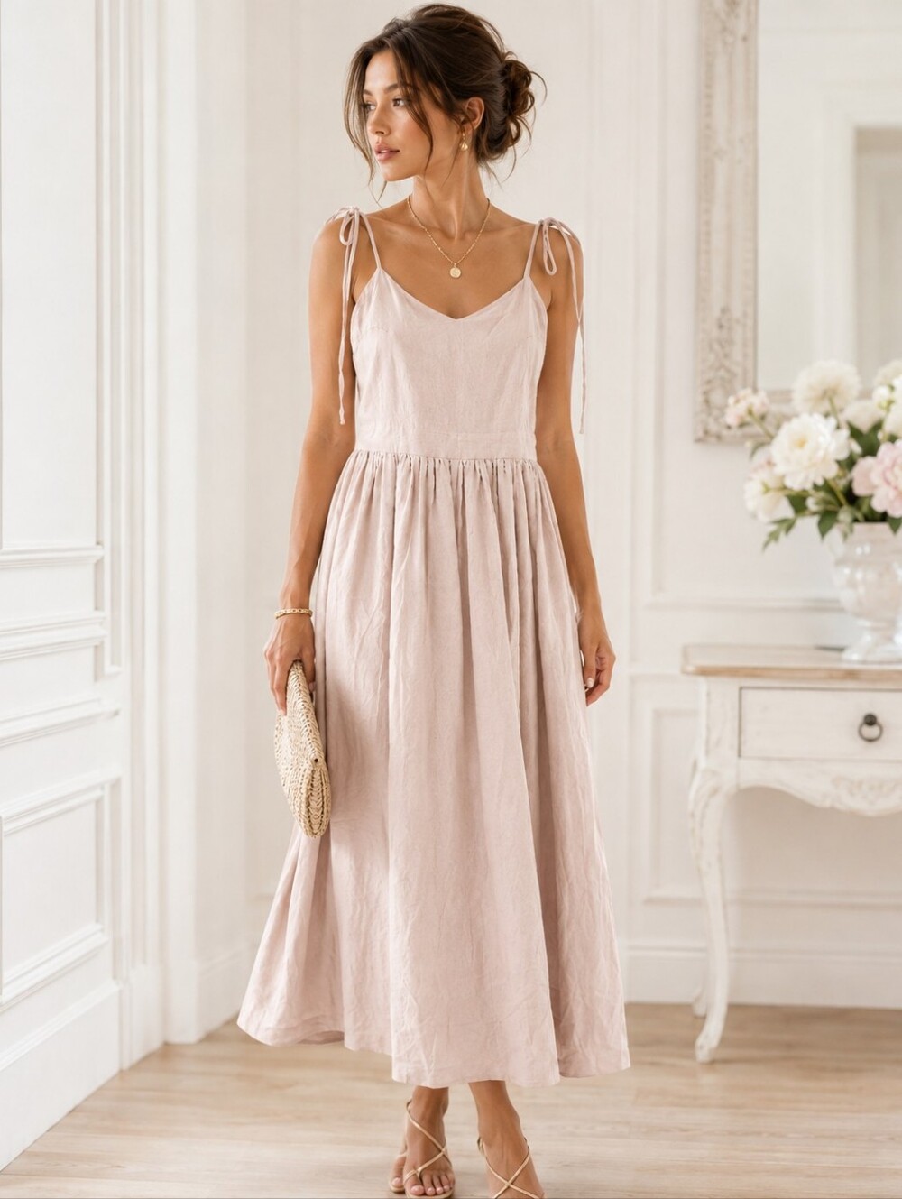 Commense Cream Linen Blend Tie Strap Midi Dress | Size XS